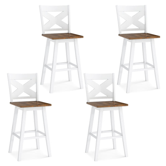 29" Rubberwood Swivel Barstools Set of 4 with Backrest and Large Seat-Wh ite, White