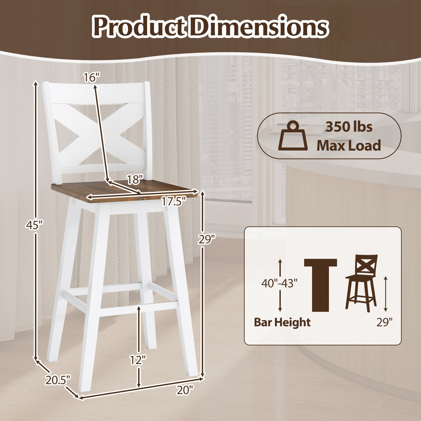 29" Rubberwood Swivel Barstools Set of 4 with Backrest and Large Seat-Wh ite, White Bar Stools at Gallery Canada