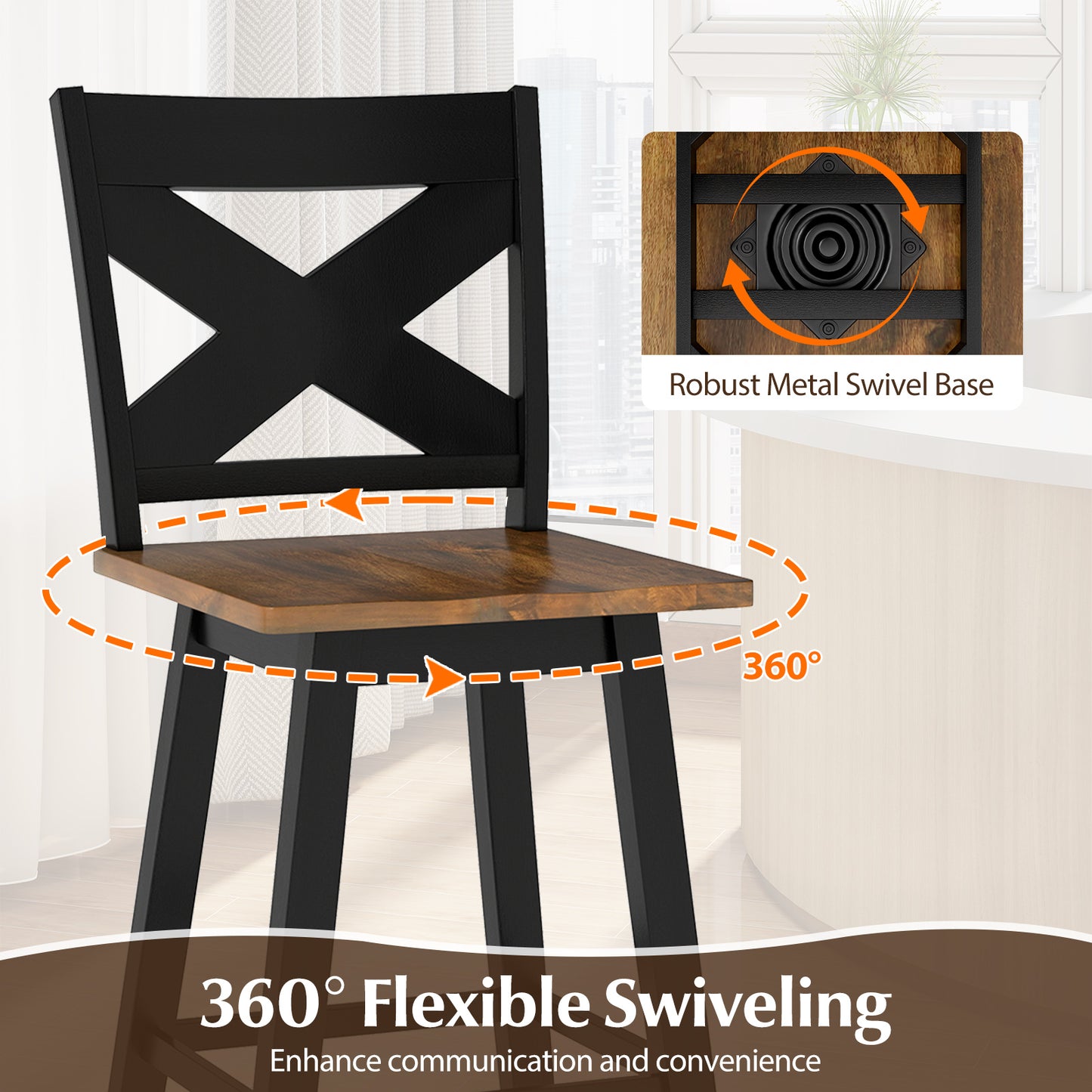 29" Rubberwood Swivel Barstools Set of 2 with Backrest and Large Seat, Black Bar Stools at Gallery Canada