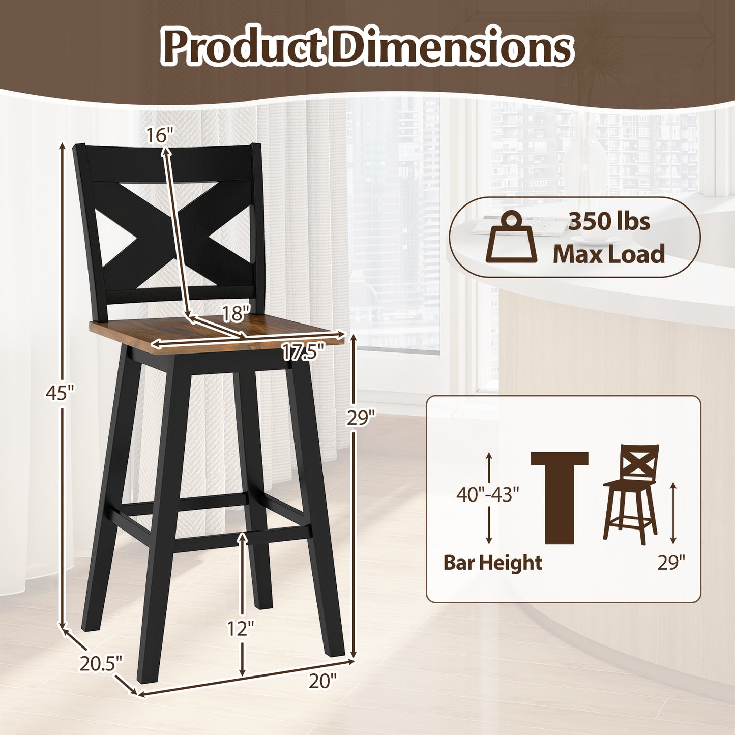 29" Rubberwood Swivel Barstools Set of 2 with Backrest and Large Seat, Black Bar Stools at Gallery Canada