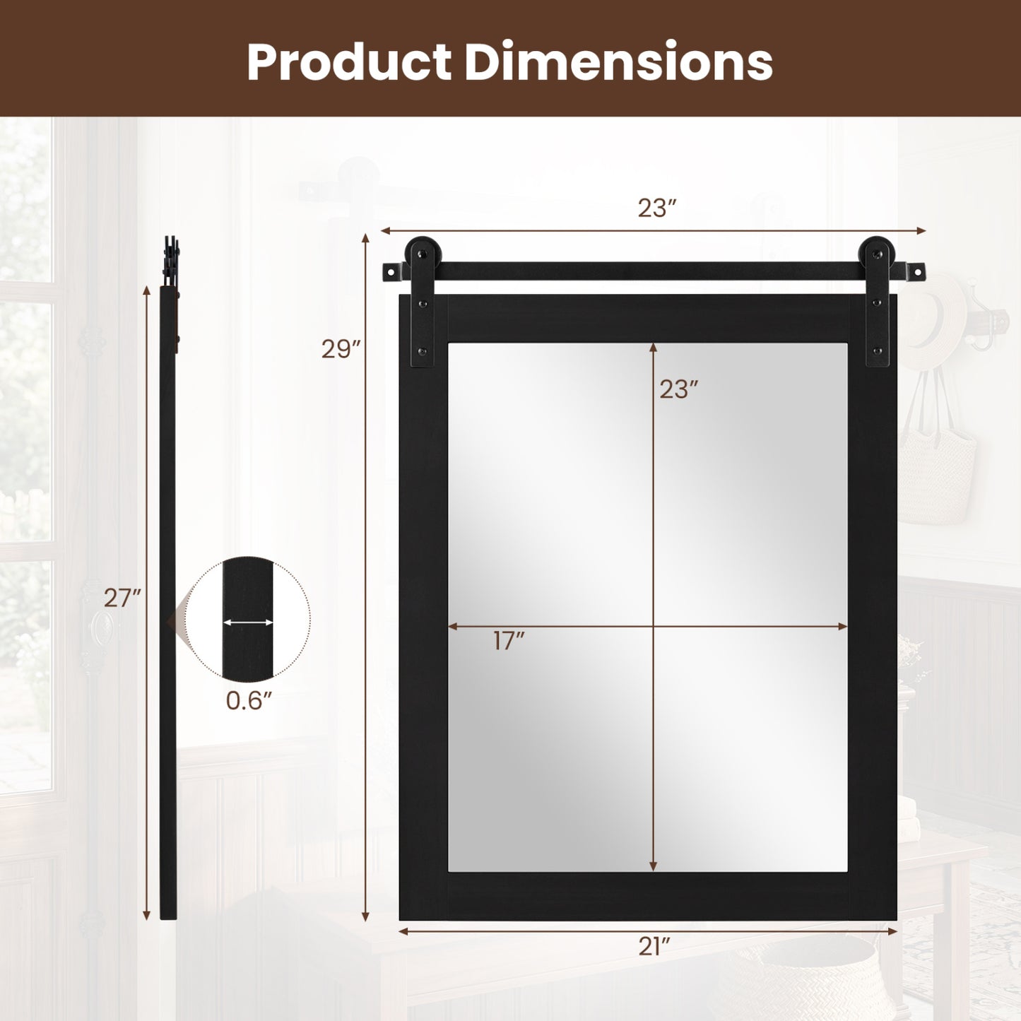 29" x 23" Rectangle Farmhouse Wall Mirror, Black