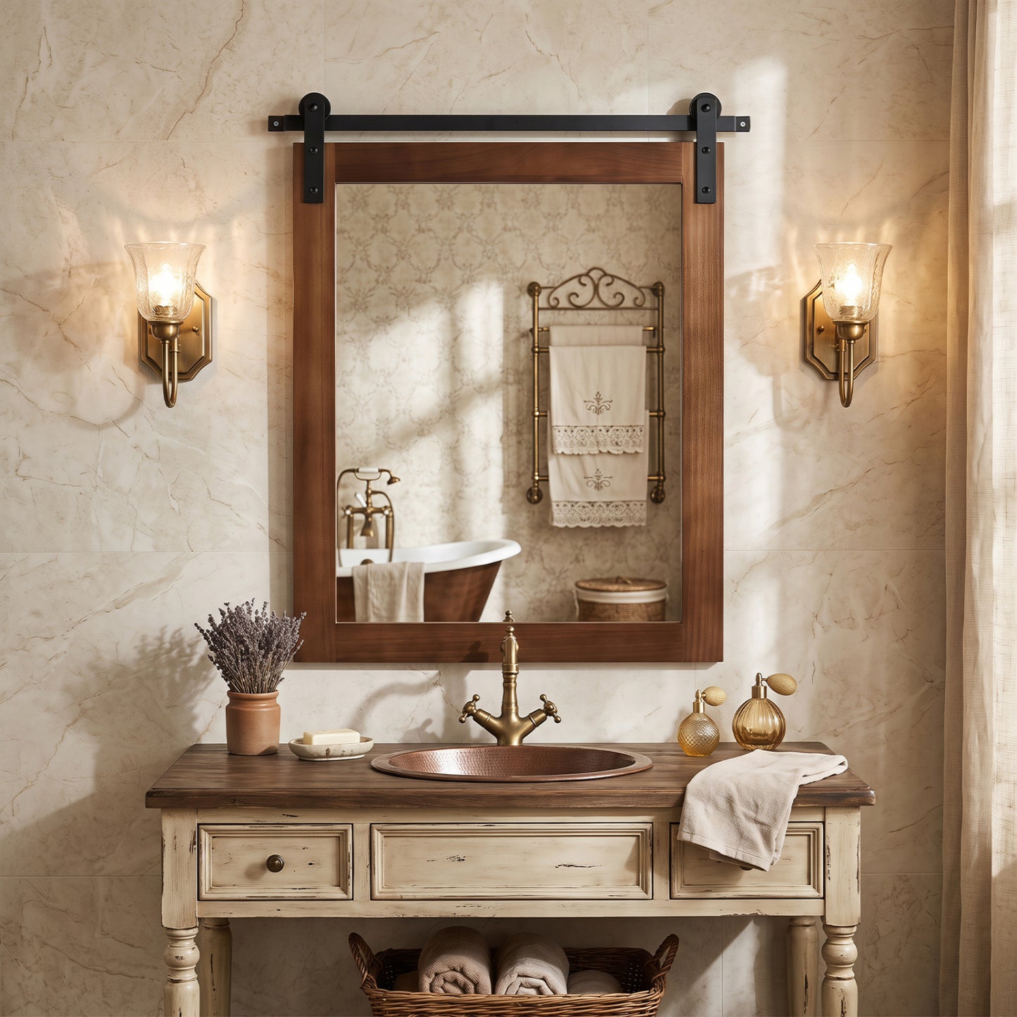 29" x 23" Rectangle Farmhouse Wall Mirror, Metal Bracket, Rustic Brown