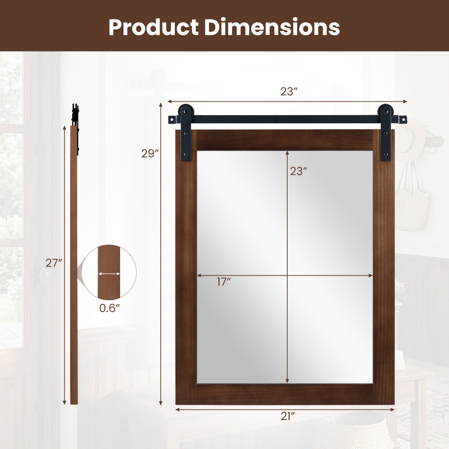 29" x 23" Rectangle Farmhouse Wall Mirror, Metal Bracket, Rustic Brown