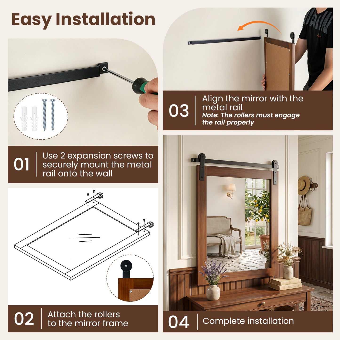 29" x 23" Rectangle Farmhouse Wall Mirror, Metal Bracket, Rustic Brown