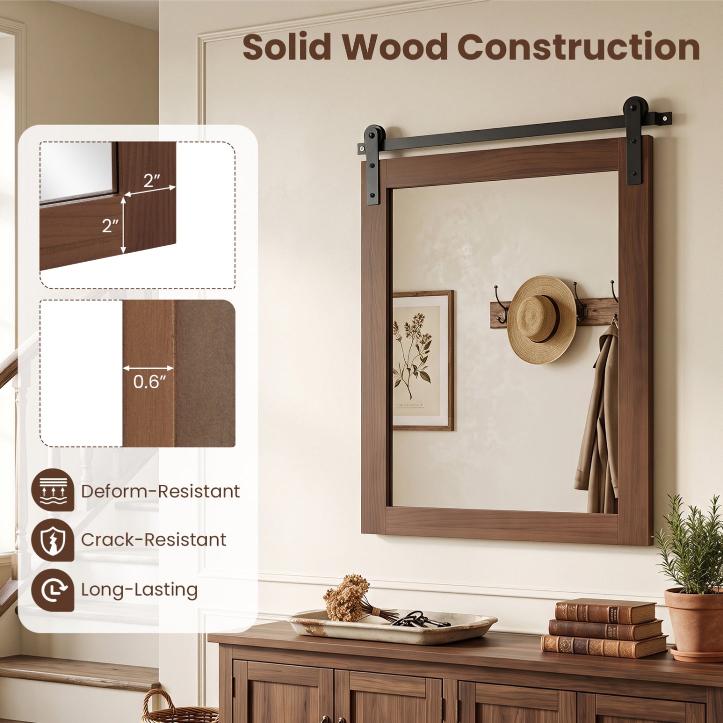 29" x 23" Rectangle Farmhouse Wall Mirror, Metal Bracket, Rustic Brown