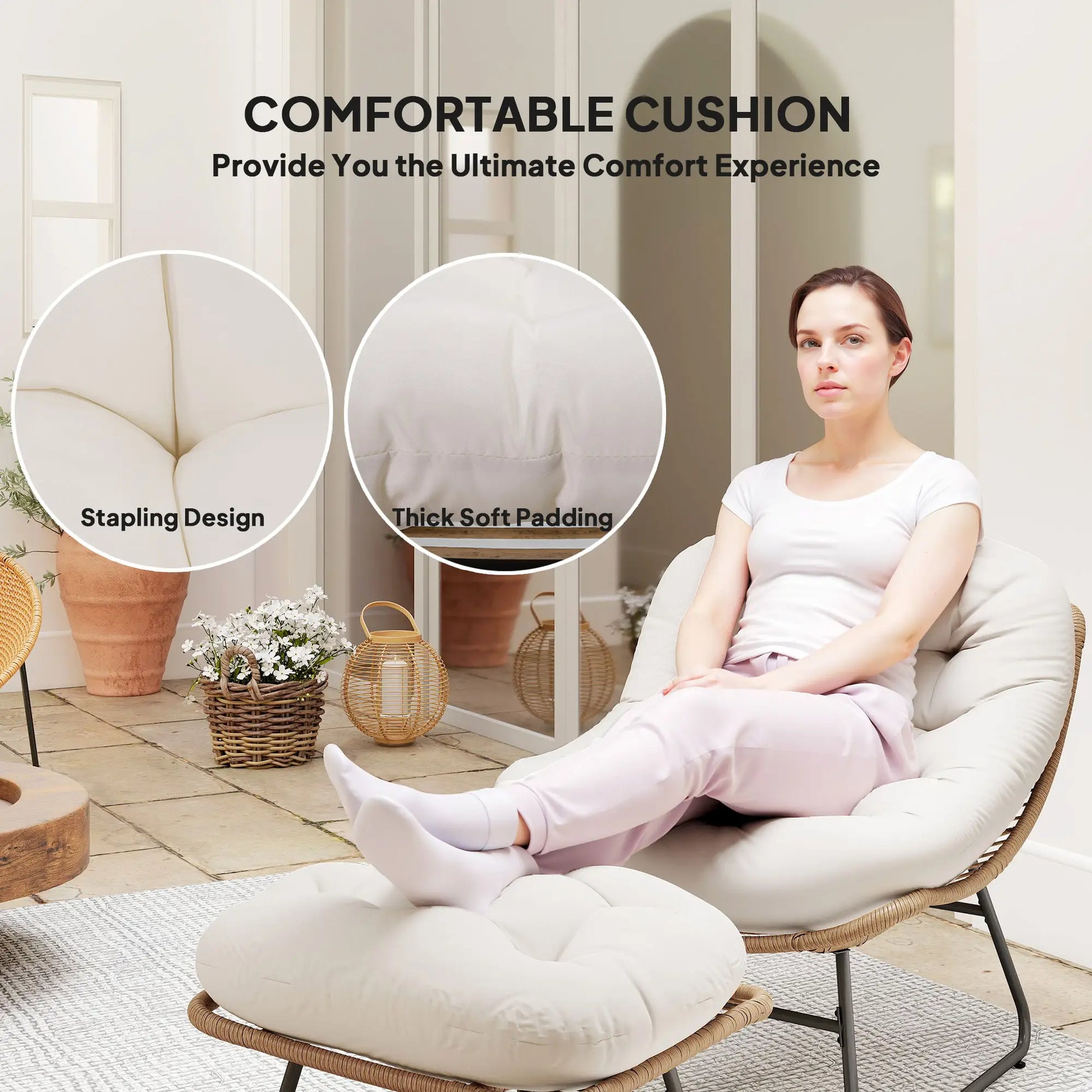 Rattan Chair With Stool, Cushion, Adjustable Foot Pads, Natural Patio Furniture Sets at Gallery Canada