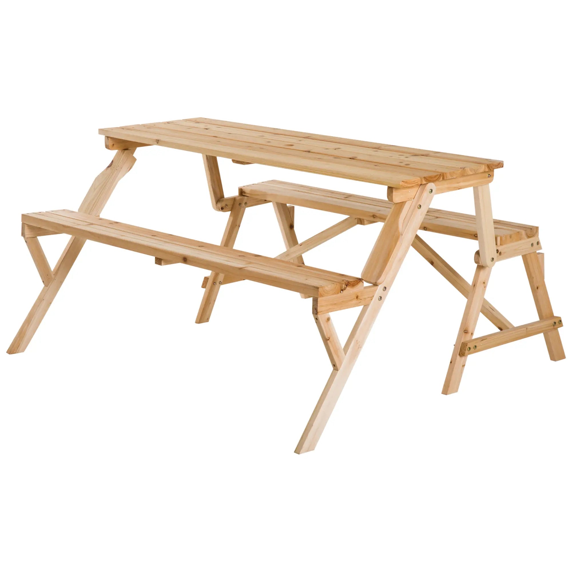 Wooden Folding Picnic Table with Benches, Outdoor Convertible Patio Garden Bench, Umbrella Hole Outdoor Dining Sets at Gallery Canada