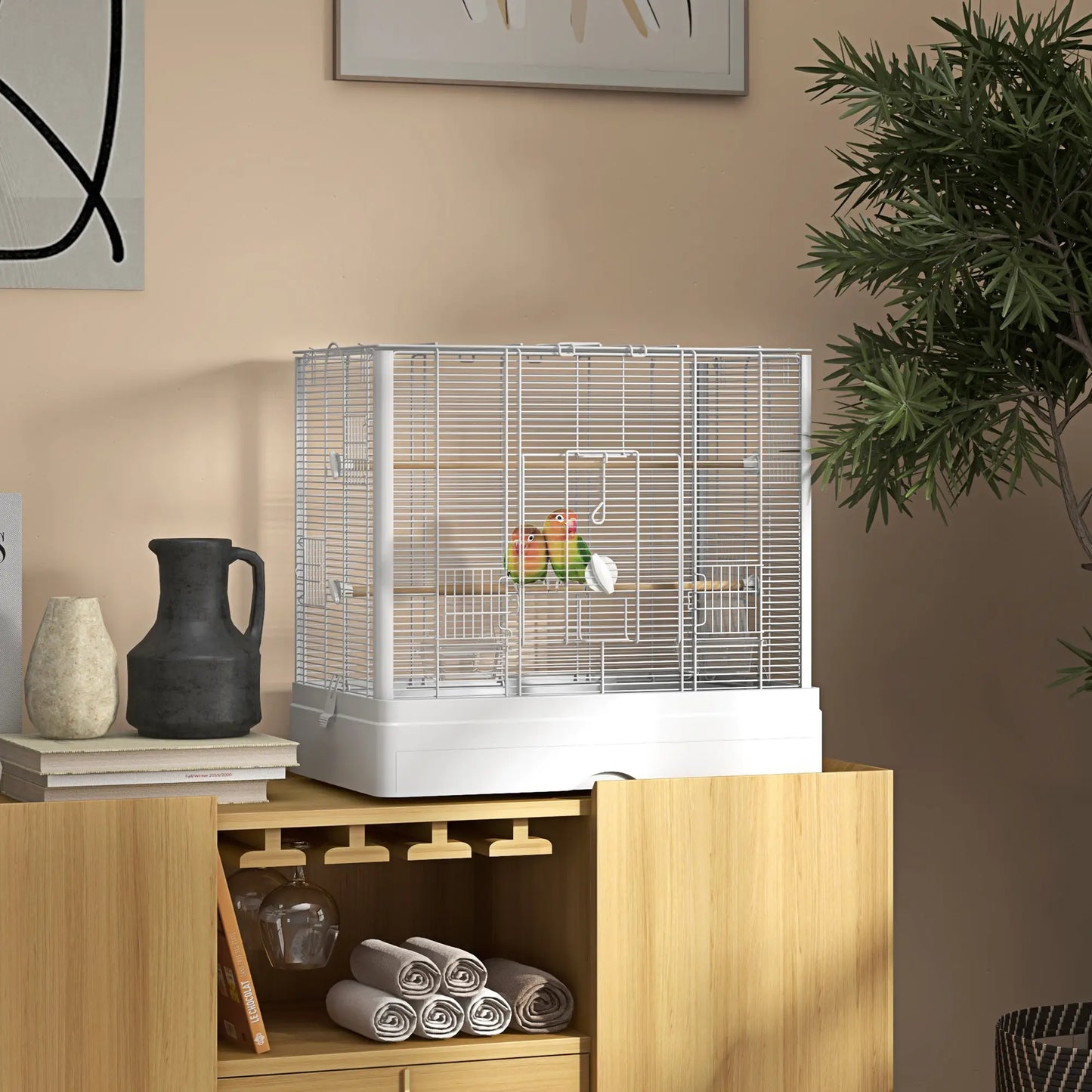 22" Bird Cage for Budgies, Finches, Canaries, Wooden Stand, White Bird Cages at Gallery Canada