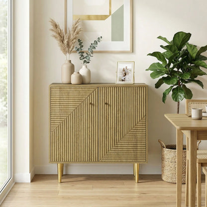 Oak Sideboard With Adjustable Shelf, 2 Doors, Gold Steel Legs, Gold Storage Cabinets at Gallery Canada