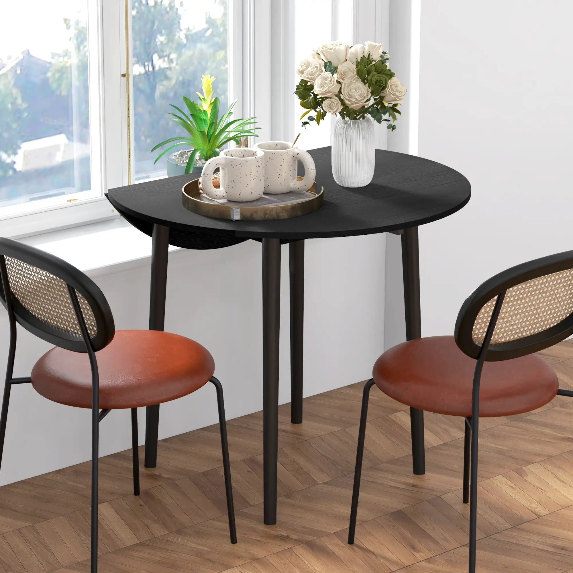 Folding Round Drop Leaf Dining Table, Wood Legs, Distressed Black, Black Bar Tables & Dining Tables at Gallery Canada