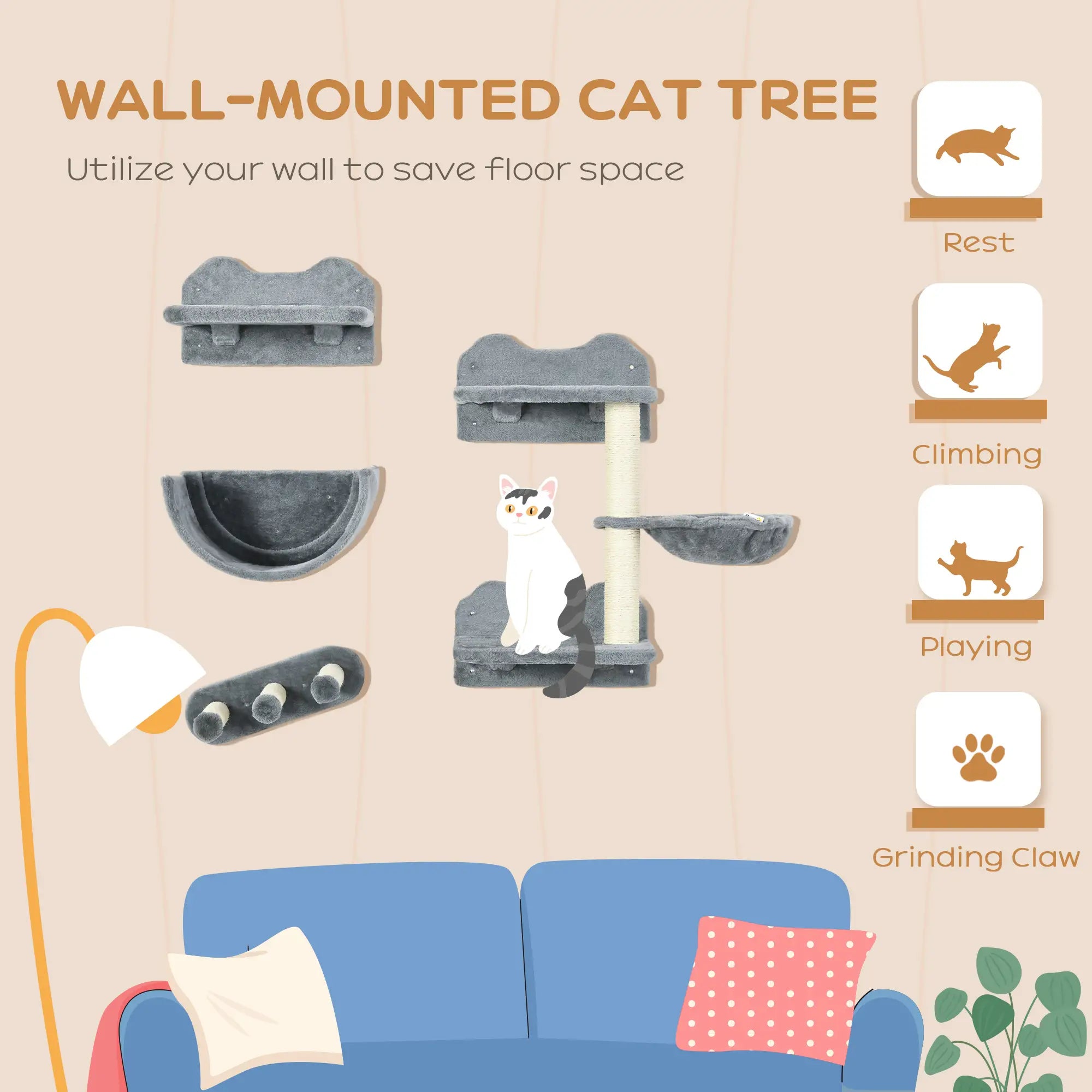 Cat Wall Shelves, 3PCs with Hammock, Scratching Post, Grey Cat Climbing Wall at Gallery Canada