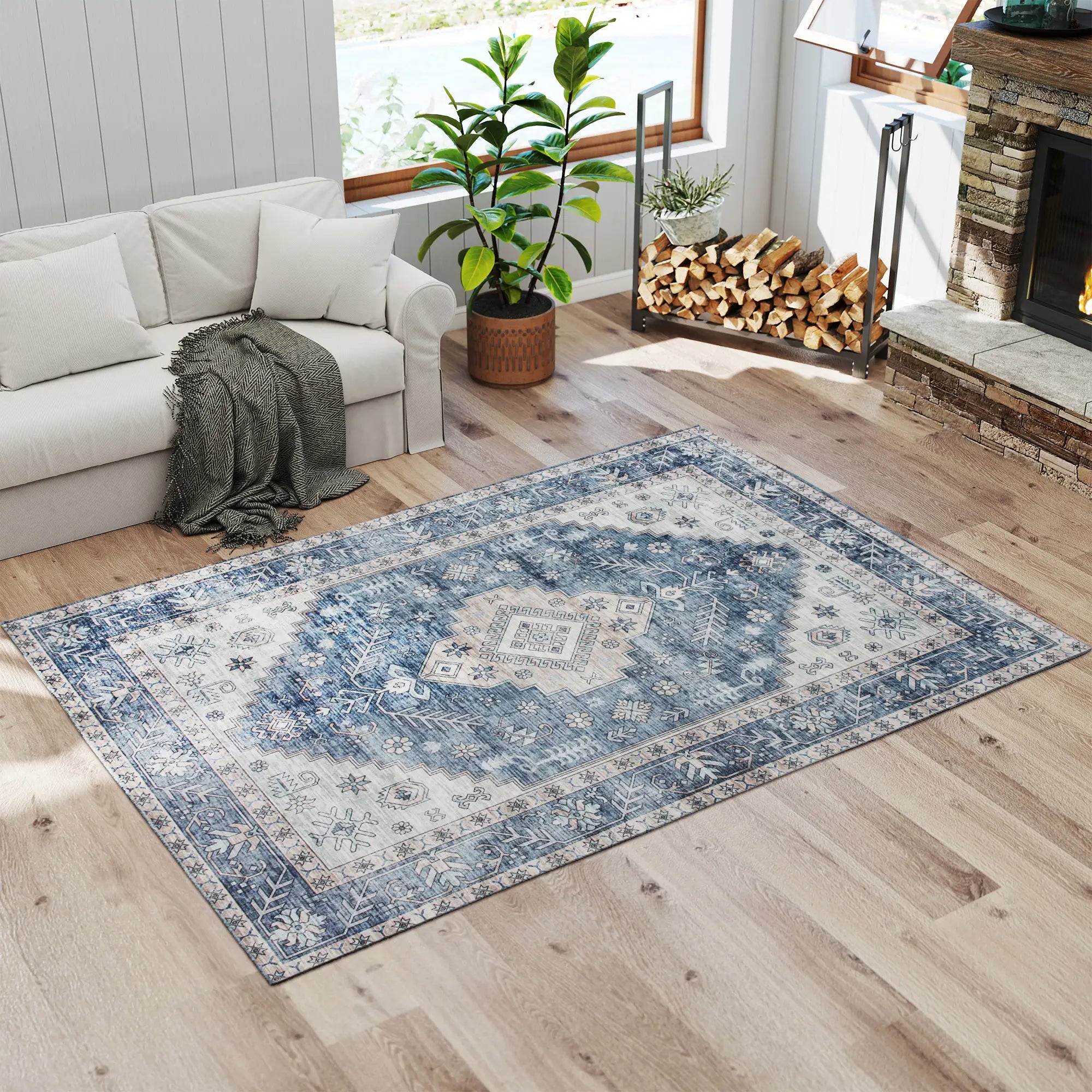5x7 Area Rug, Vintage Washable, Non-Slip, Living Room, Bedroom, Blue Living Room Furniture at Gallery Canada
