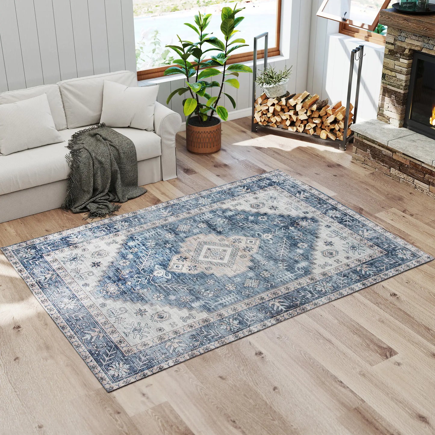 5x7 Area Rug, Vintage Washable, Non-Slip, Living Room, Bedroom, Blue Living Room Furniture at Gallery Canada