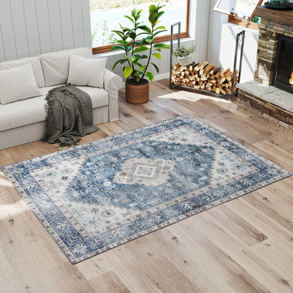 5x7 Area Rug, Vintage Washable, Non-Slip, Living Room, Bedroom, Blue Living Room Furniture at Gallery Canada