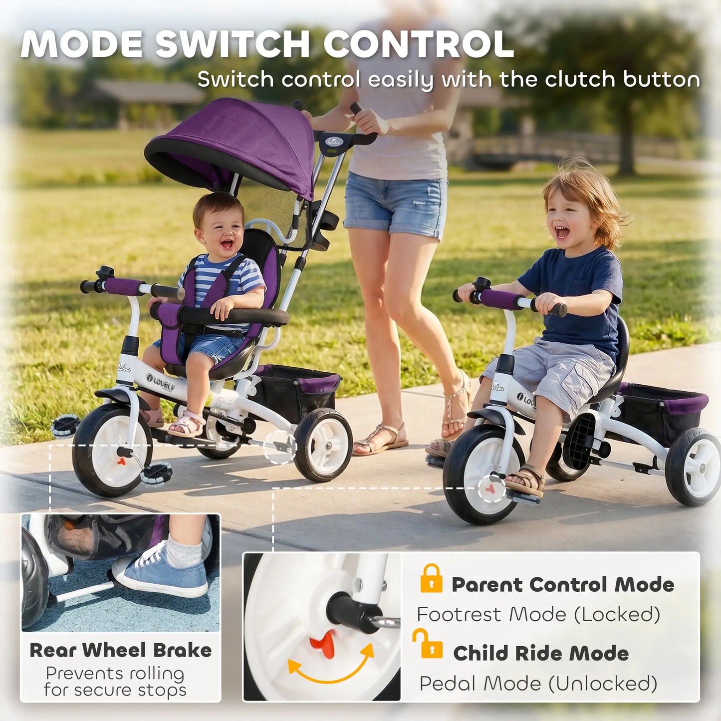 6 in 1 Toddler Tricycle Stroller, Basket, Canopy, 5-Point Harness, 12-60 Months, Purple Tricycles for Kids at Gallery Canada