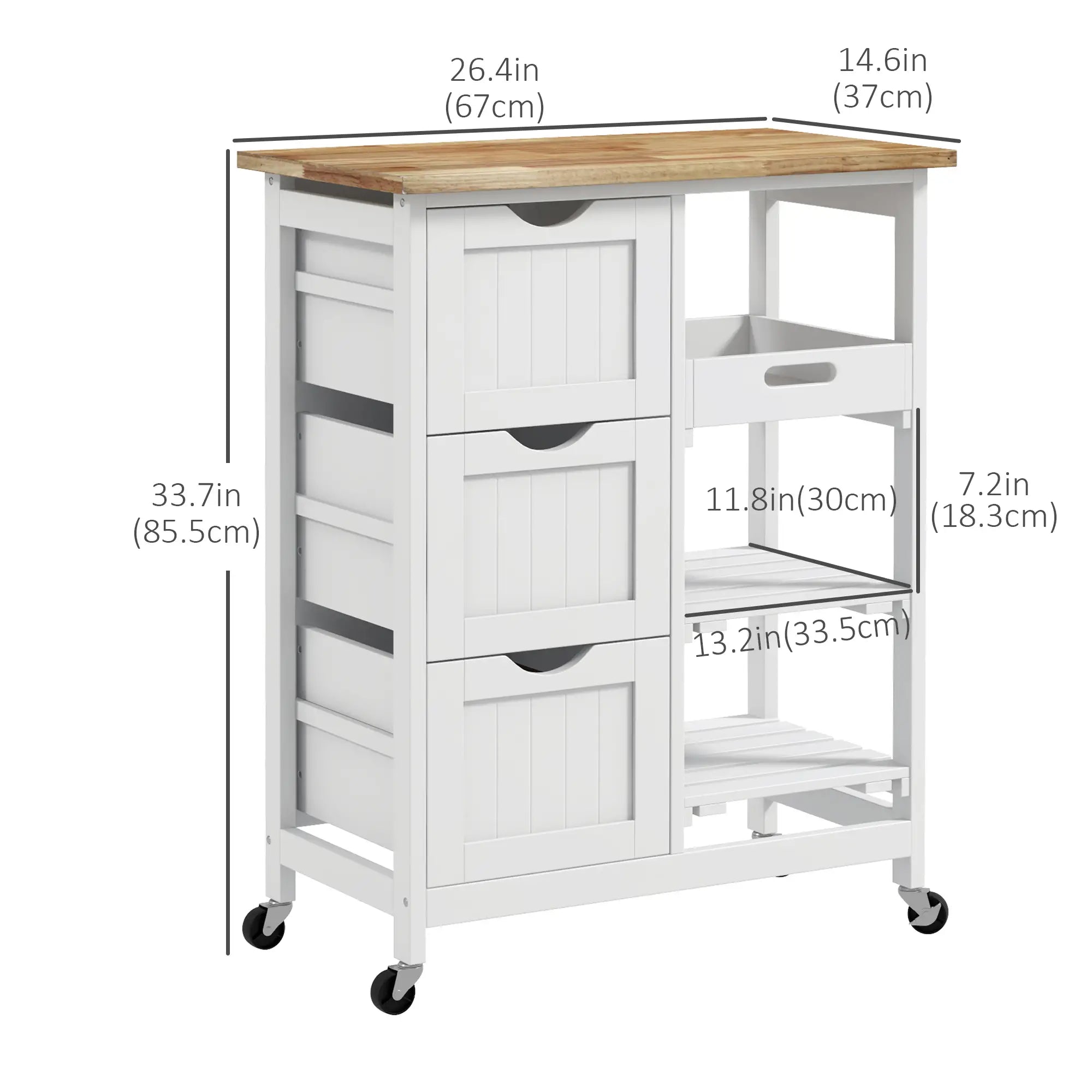 Kitchen Cart on Wheels, Wood Top, 3 Drawers, Shelves, Dining Kitchen Islands & Kitchen Carts at Gallery Canada