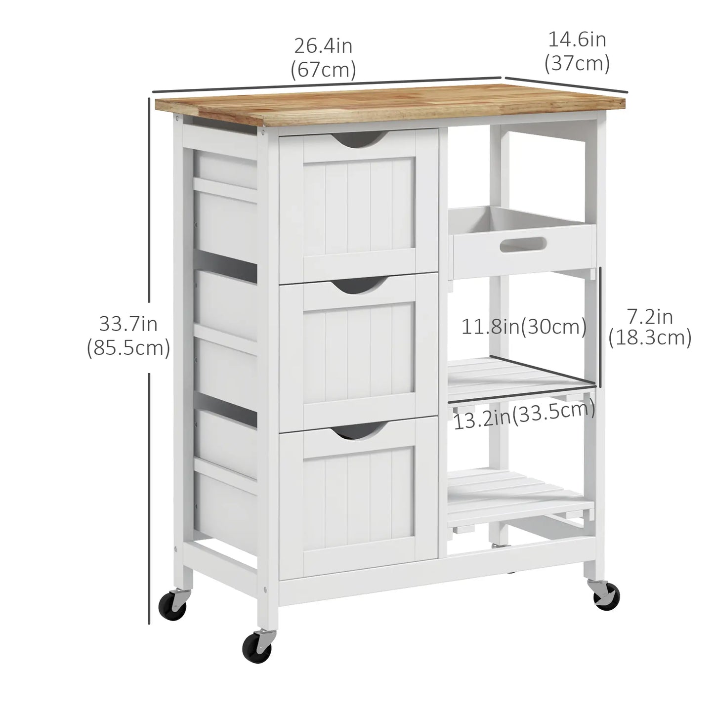 Kitchen Cart on Wheels, Wood Top, 3 Drawers, Shelves, Dining Kitchen Islands & Kitchen Carts at Gallery Canada