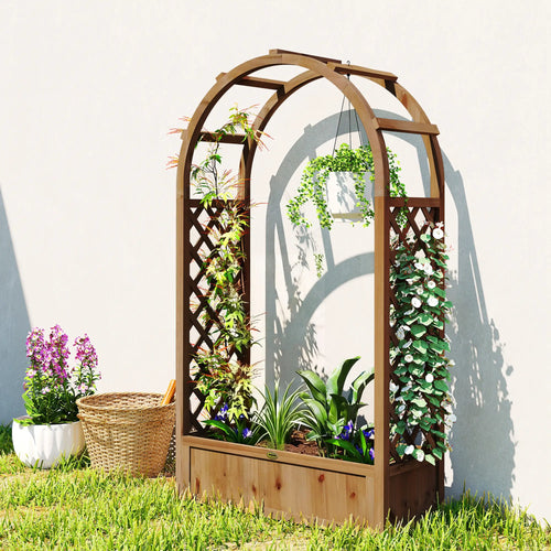 Raised Garden Bed With Arch Trellis, Planter Box, Dark Brown Wood Effect, Dark Brown