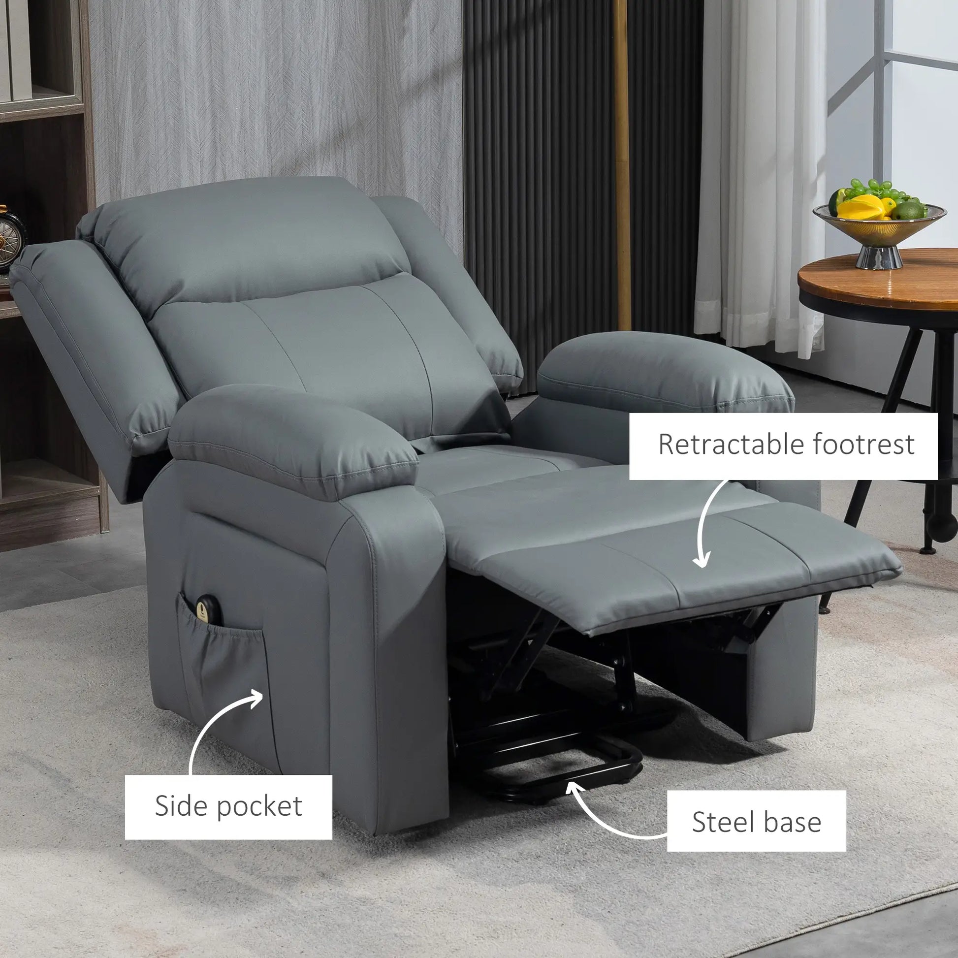 Electric Recliner Chair, PU Leather, Remote, Side Pockets, Grey Electric Power Lift Chairs at Gallery Canada