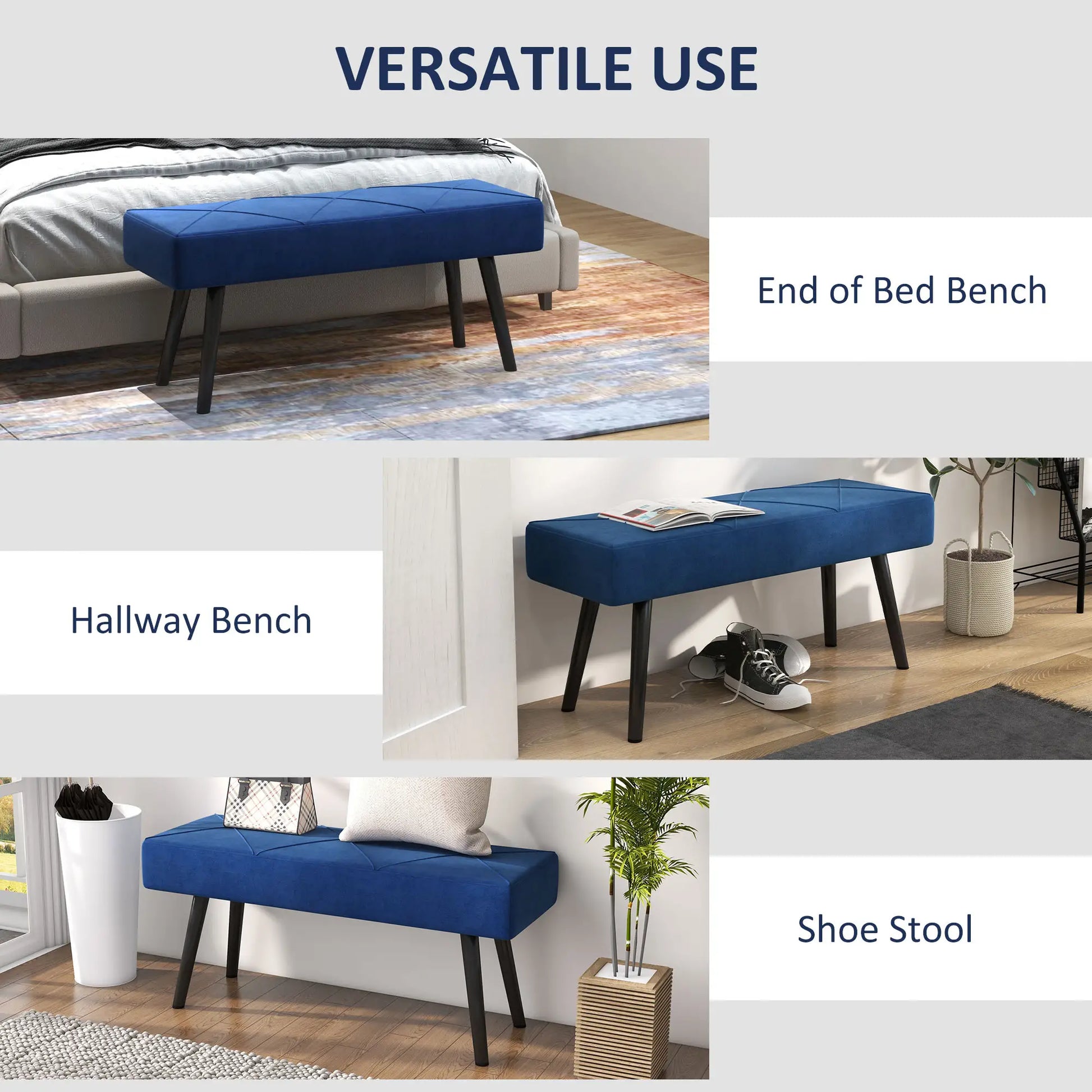 39 Inches Upholstered Bed Bench, Modern Steel Legs, Dark Blue Storage Ottomans & Benches at Gallery Canada