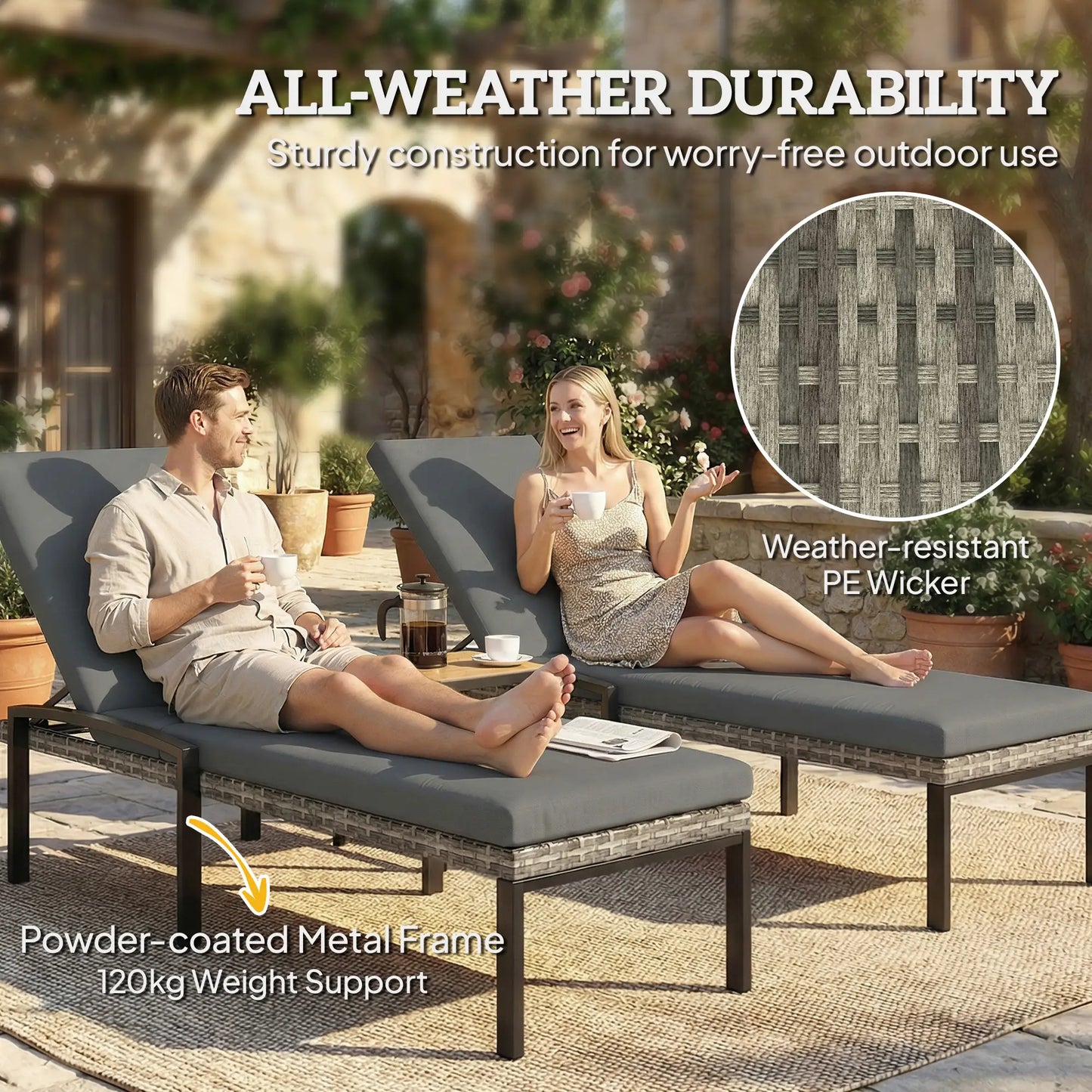 Outdoor Chaise Lounge Chairs, Set of 2 Wicker Patio Chairs, 5-Level Adjustable Backrest Wicker Chaise Loungers at Gallery Canada