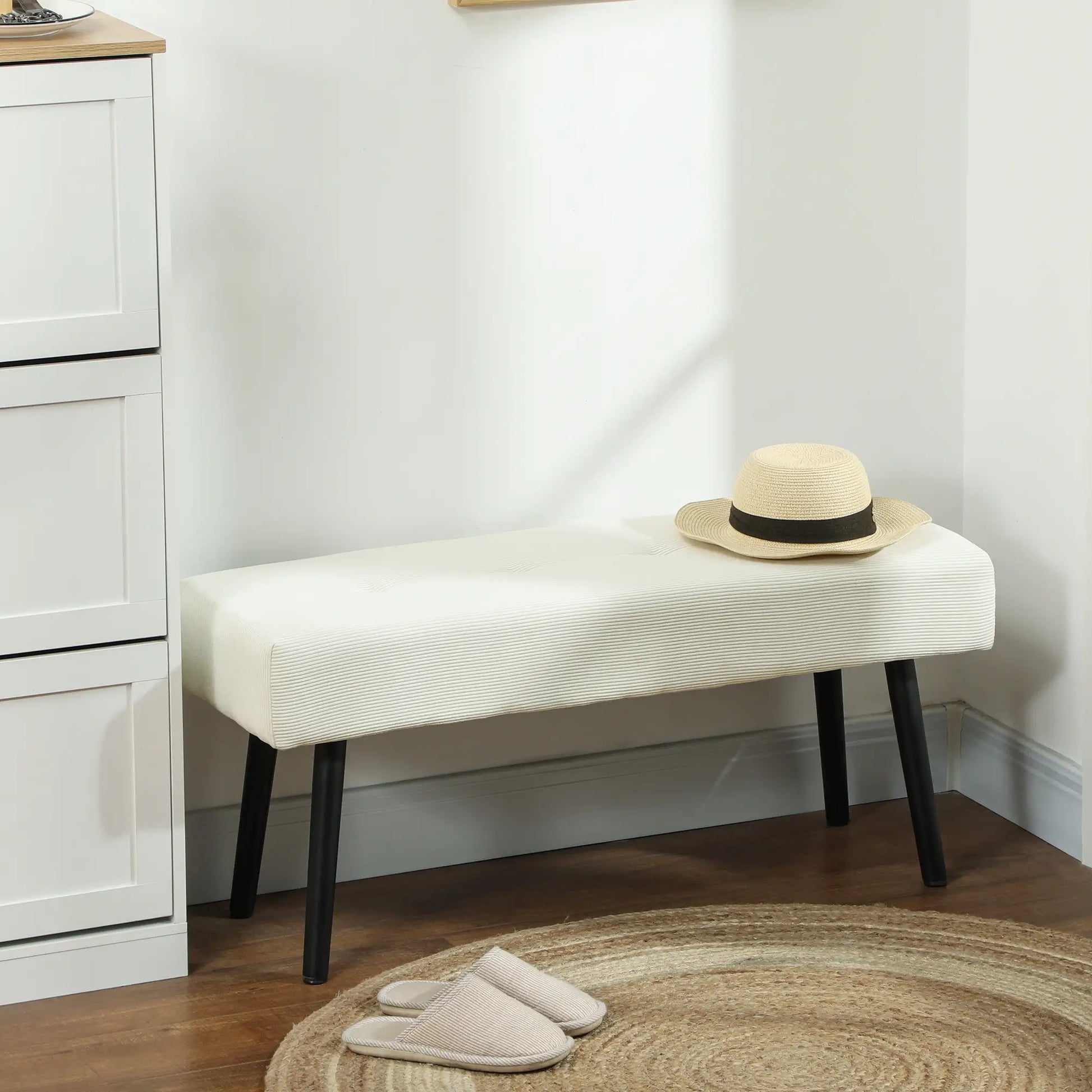 39" Upholstered Ottoman Bench, Corduroy, Cream White Storage Ottomans & Benches at Gallery Canada