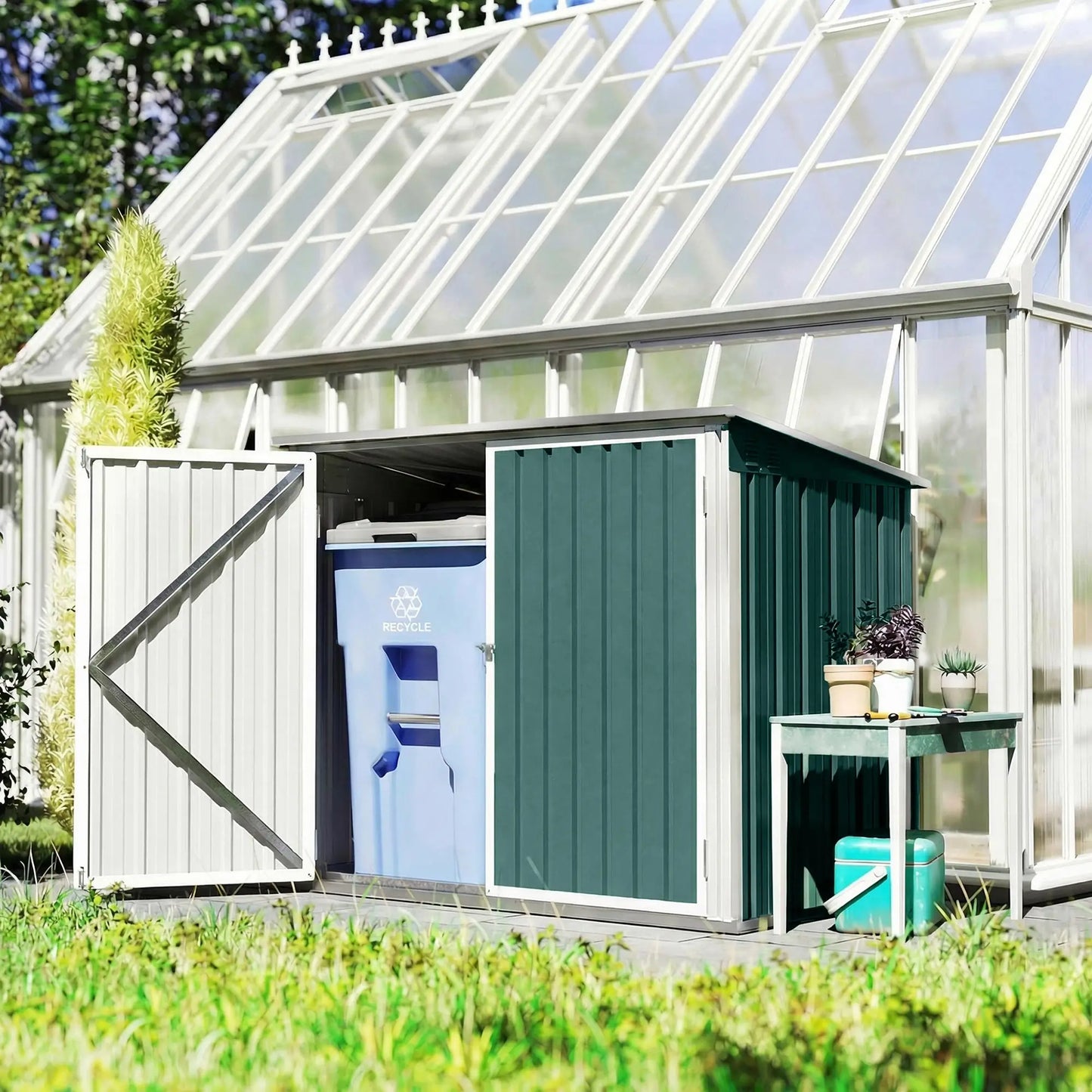 Outdoor Steel Wheelie Trash Can Storage Shed, Double Door Lid Rubbish Cover Sheds at Gallery Canada