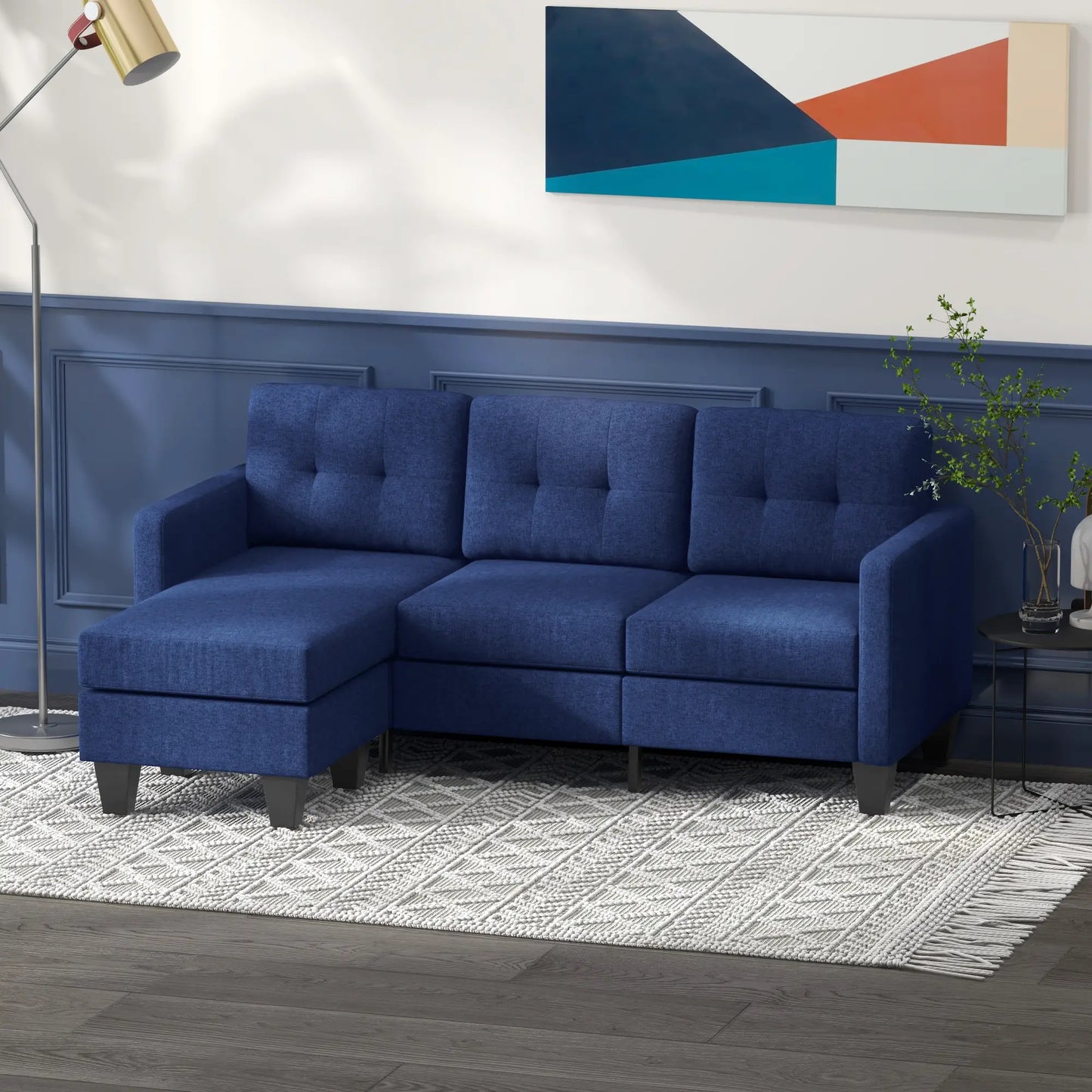 L-shaped Sofa, 3 Seater Sectional Couch with Ottoman, Corner Sofa with Thick Padded Cushion and Wood Legs, Dark Blue 3-Seater Sofas at Gallery Canada