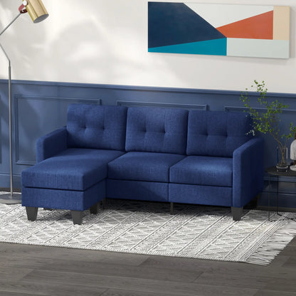 L-shaped Sofa, 3 Seater Sectional Couch with Ottoman, Corner Sofa with Thick Padded Cushion and Wood Legs, Dark Blue 3-Seater Sofas at Gallery Canada