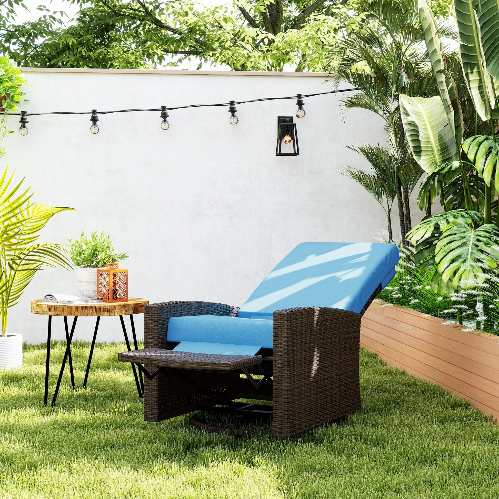 Outdoor Rattan Lounge Chair with Footrest, Soft Cushion, Sky Blue Patio Chairs at Gallery Canada