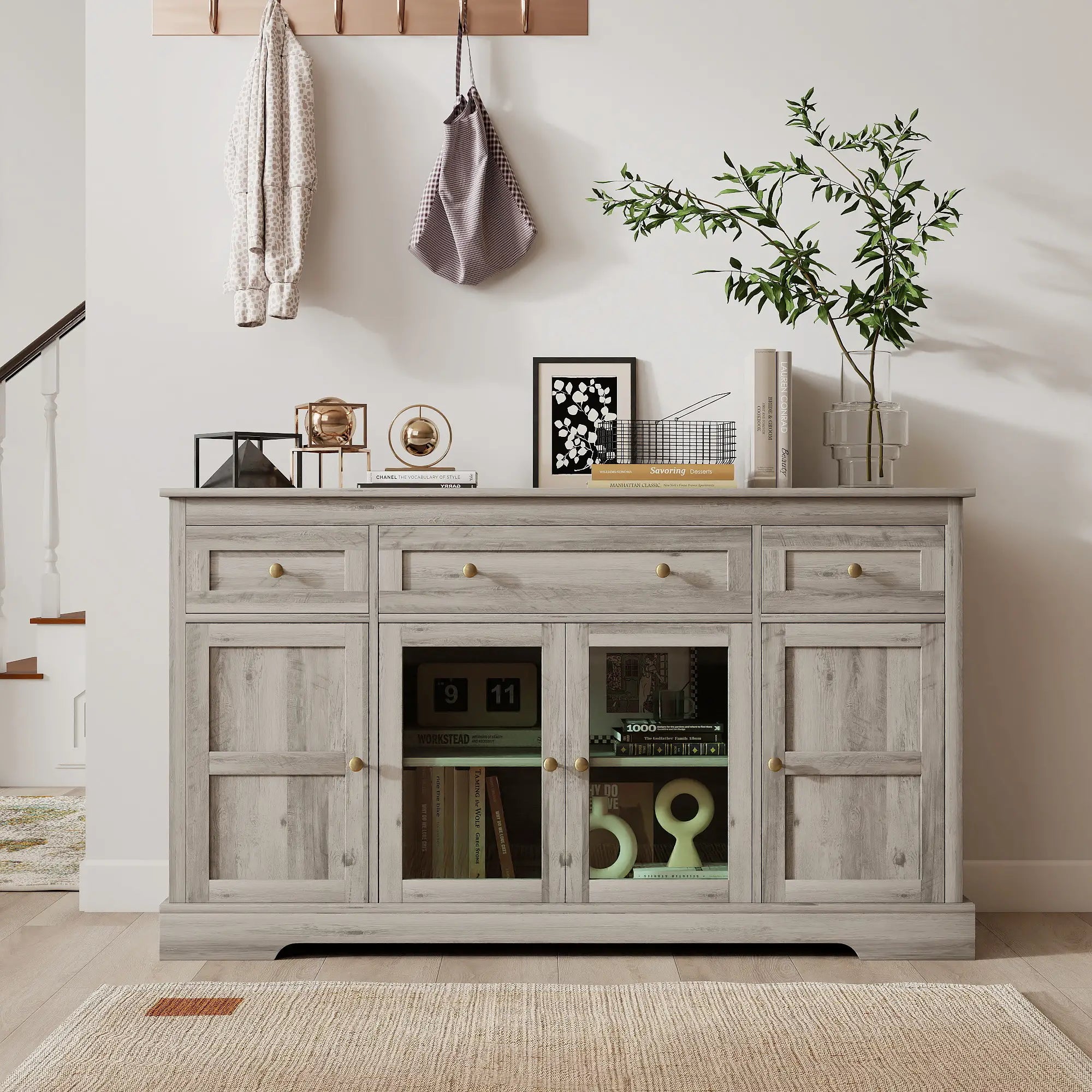 Sideboard Buffet Cabinet, Coffee Bar with Glass Doors, Adjustable Shelves, Weathered Grey Oak, Grey Bar Cabinets at Gallery Canada