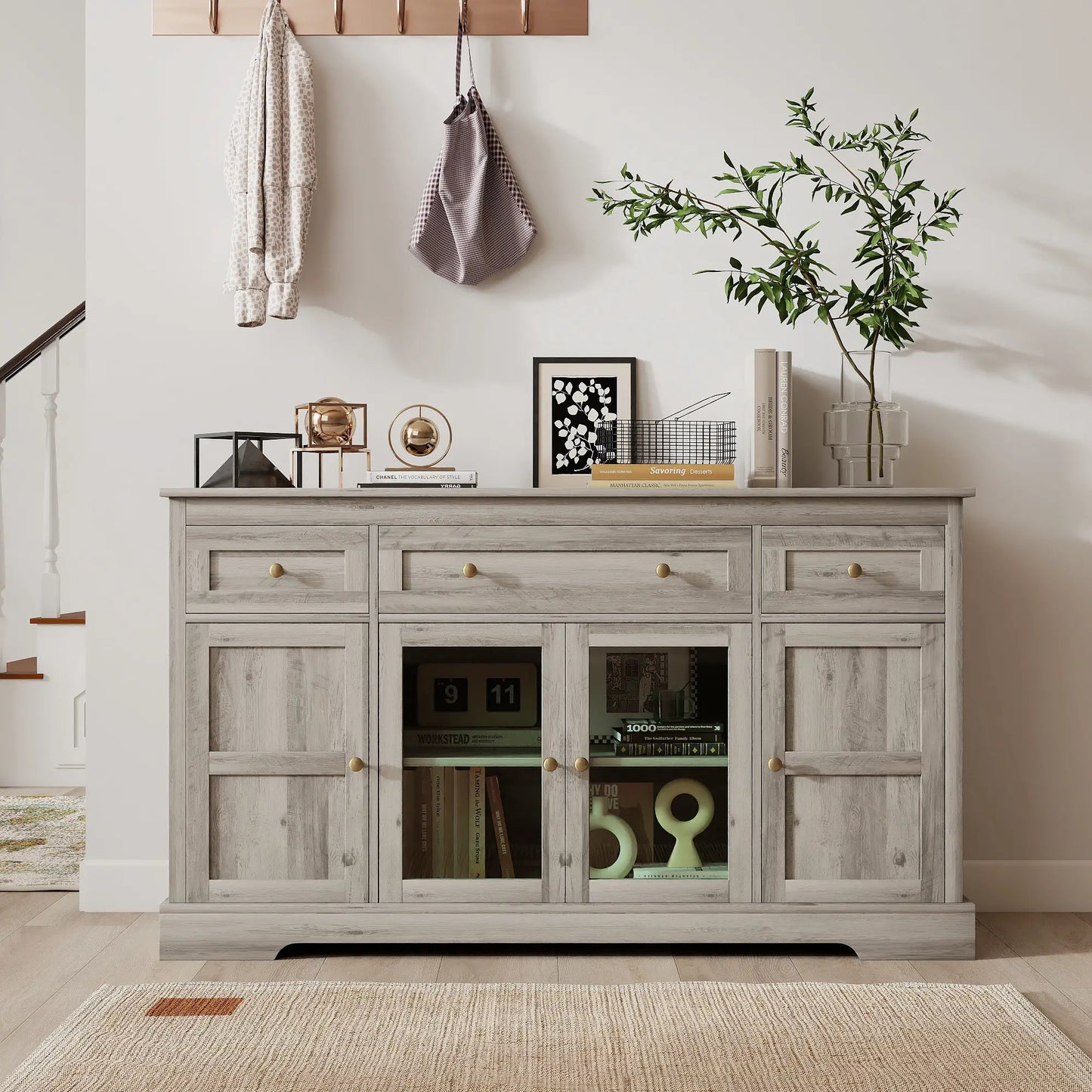 Sideboard Buffet Cabinet, Coffee Bar with Glass Doors, Adjustable Shelves, Weathered Grey Oak, Grey Bar Cabinets at Gallery Canada