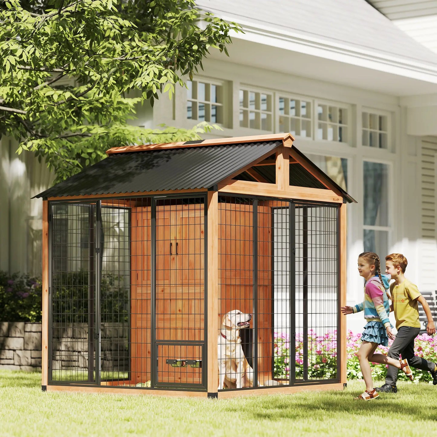86" L Wooden Dog Kennel With Storage Cabinet, Stainless Steel Bowls, Yellow Dog Cages & Crates at Gallery Canada