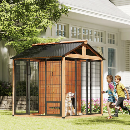 86" L Wooden Dog Kennel With Storage Cabinet, Stainless Steel Bowls, Yellow Dog Cages & Crates at Gallery Canada