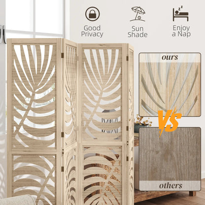 4 Panel Room Divider, Detachable Folding Privacy Screen, Palm Leaf Design, Natural Wood Finish Room Dividers at Gallery Canada