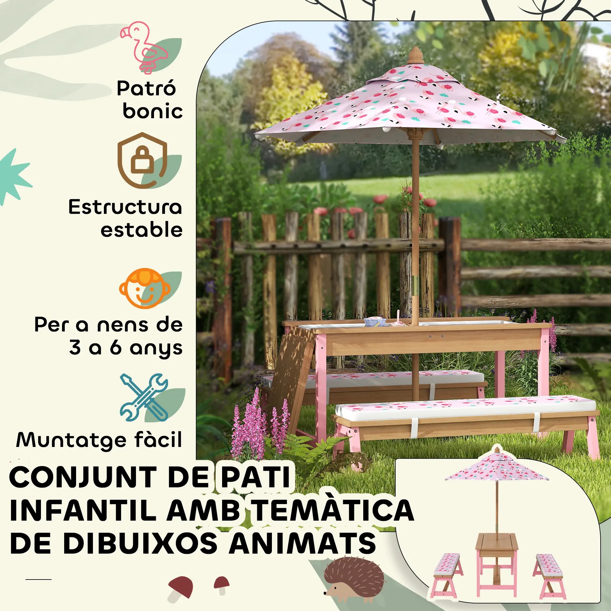 Kids Picnic Table With Bench, Removable Umbrella, Flamingo Theme, Pink Kids Outdoor Furniture at Gallery Canada