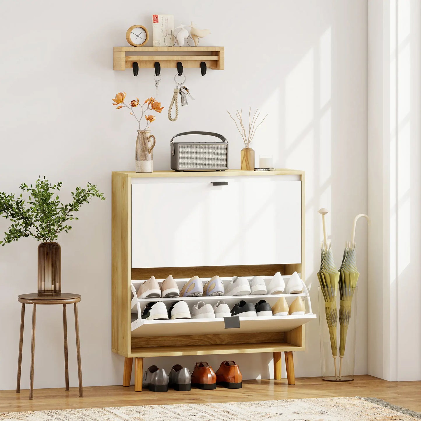 Narrow Shoe Cabinet, 2 Flip Drawers, Adjustable Shelves, Holds 16 Pairs, White Shoe Storage Cabinets & Racks at Gallery Canada