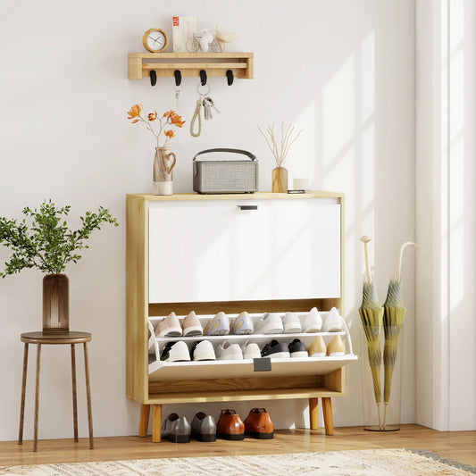 Narrow Shoe Cabinet, 2 Flip Drawers, Adjustable Shelves, Holds 16 Pairs, White Shoe Storage Cabinets & Racks White at Gallery Canada