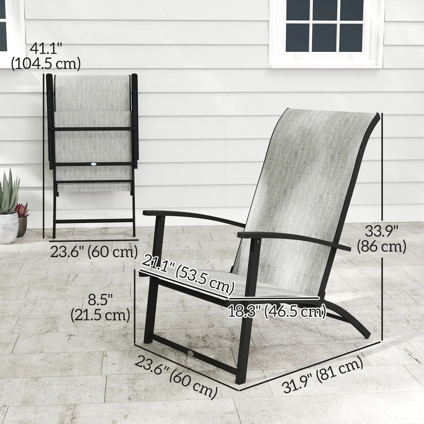Set of 2 Folding Lawn Chairs, Outdoor with Armrests, High Backrest, Grey Patio Chairs at Gallery Canada