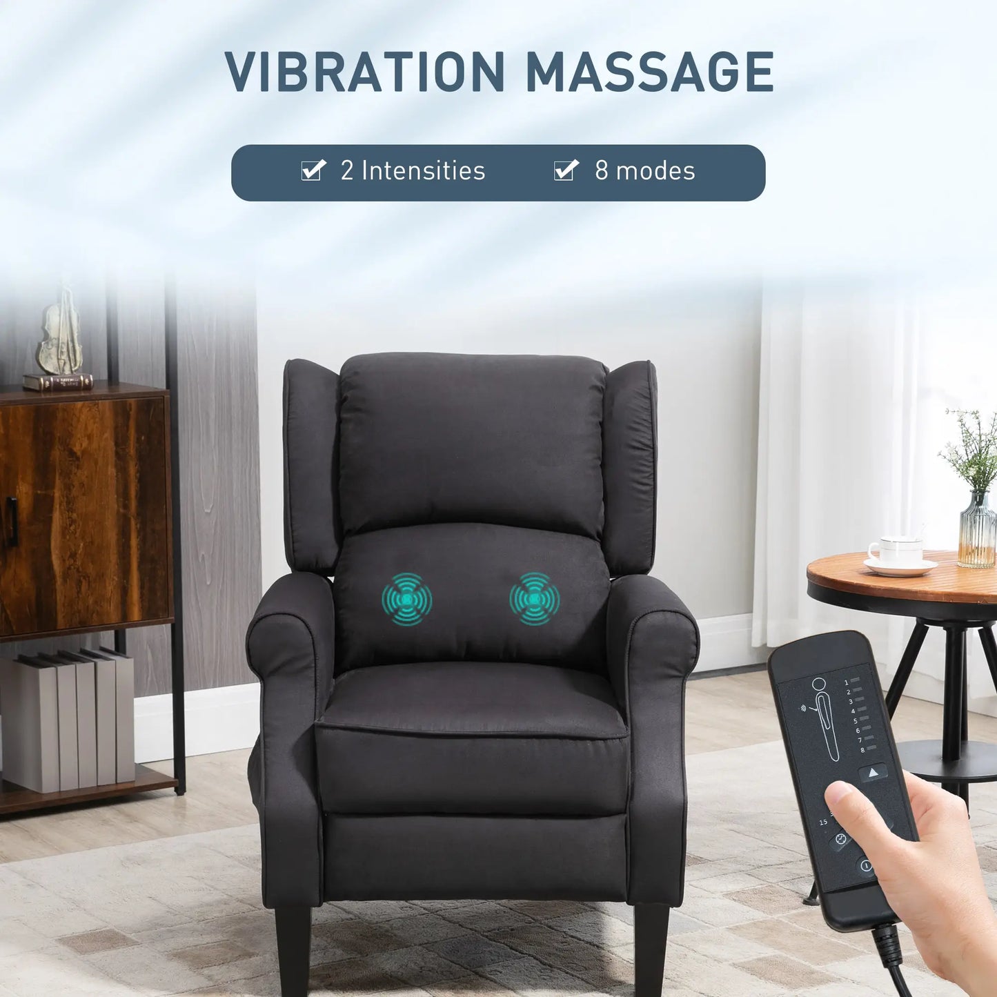 Massage Recliner Chair, Suede Wingback with Footrest, Wood Legs, Remote, Black Single Sofas at Gallery Canada