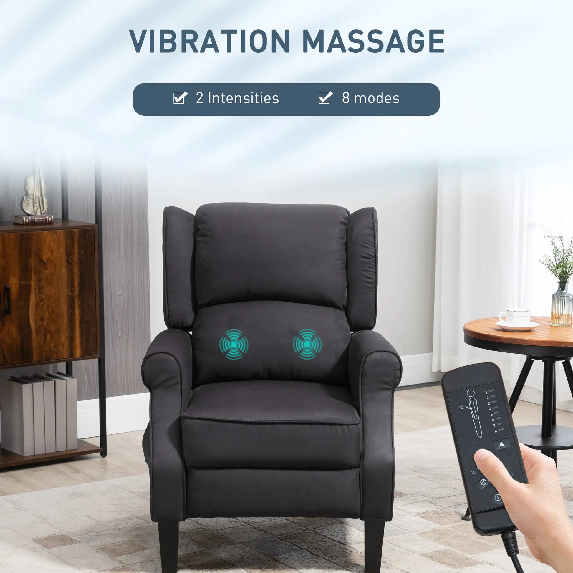 Massage Recliner Chair, Suede Wingback with Footrest, Wood Legs, Remote, Black Single Sofas at Gallery Canada