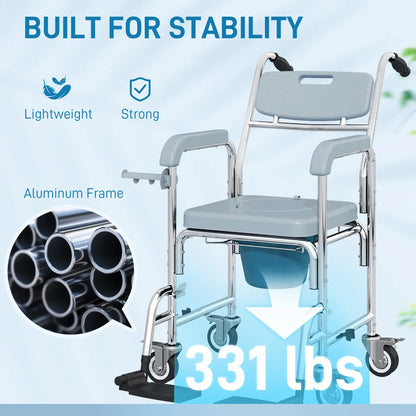 Rolling Shower Chair, Commode with Wheels, Backrest, Arms, Flip Footrests, Grey Bath Chairs at Gallery Canada