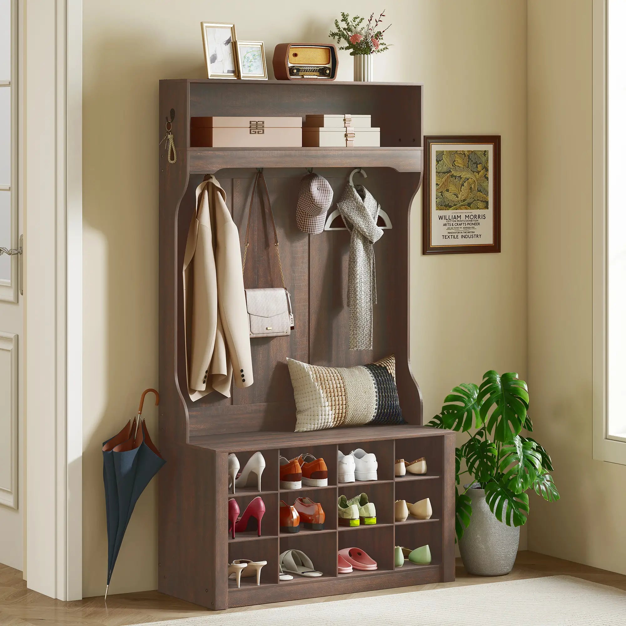4-In-1 Hall Tree with Bench, Shoe Storage, 12 Cubbies, 6 Hooks, Dark Brown Clothing Storage at Gallery Canada