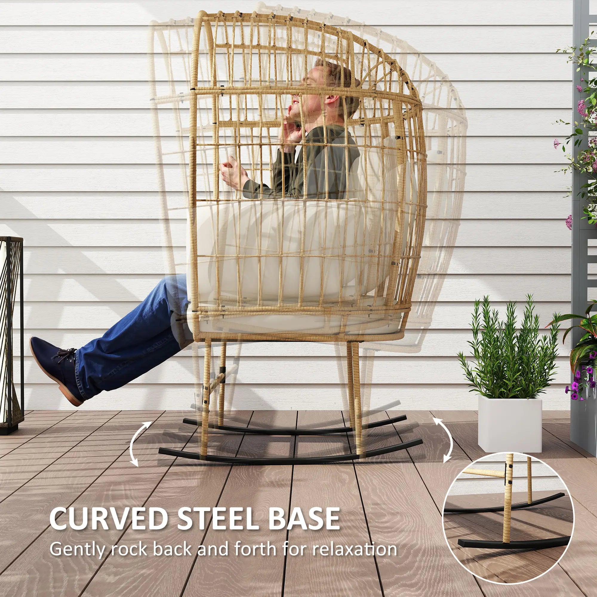Oversized Rocking Chair, Indoor Outdoor Egg Chair, Thickened Cushions, Wicker Patio Lounger, Beige Outdoor Rocking Chairs at Gallery Canada