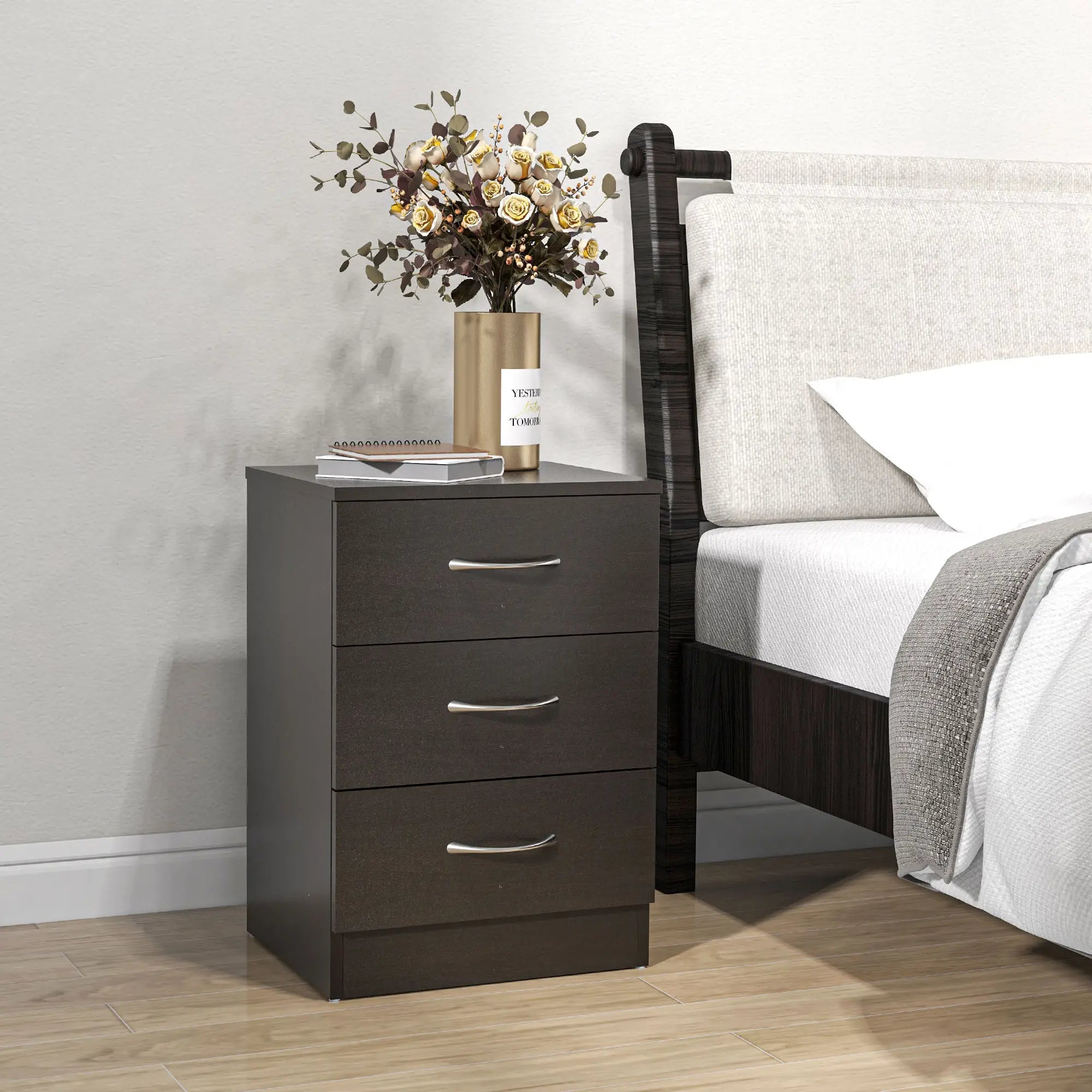 Modern Wood Nightstand, 3 Drawers, Anti-Tipping Design, Set of 2, Dark Brown Bedside Tables at Gallery Canada