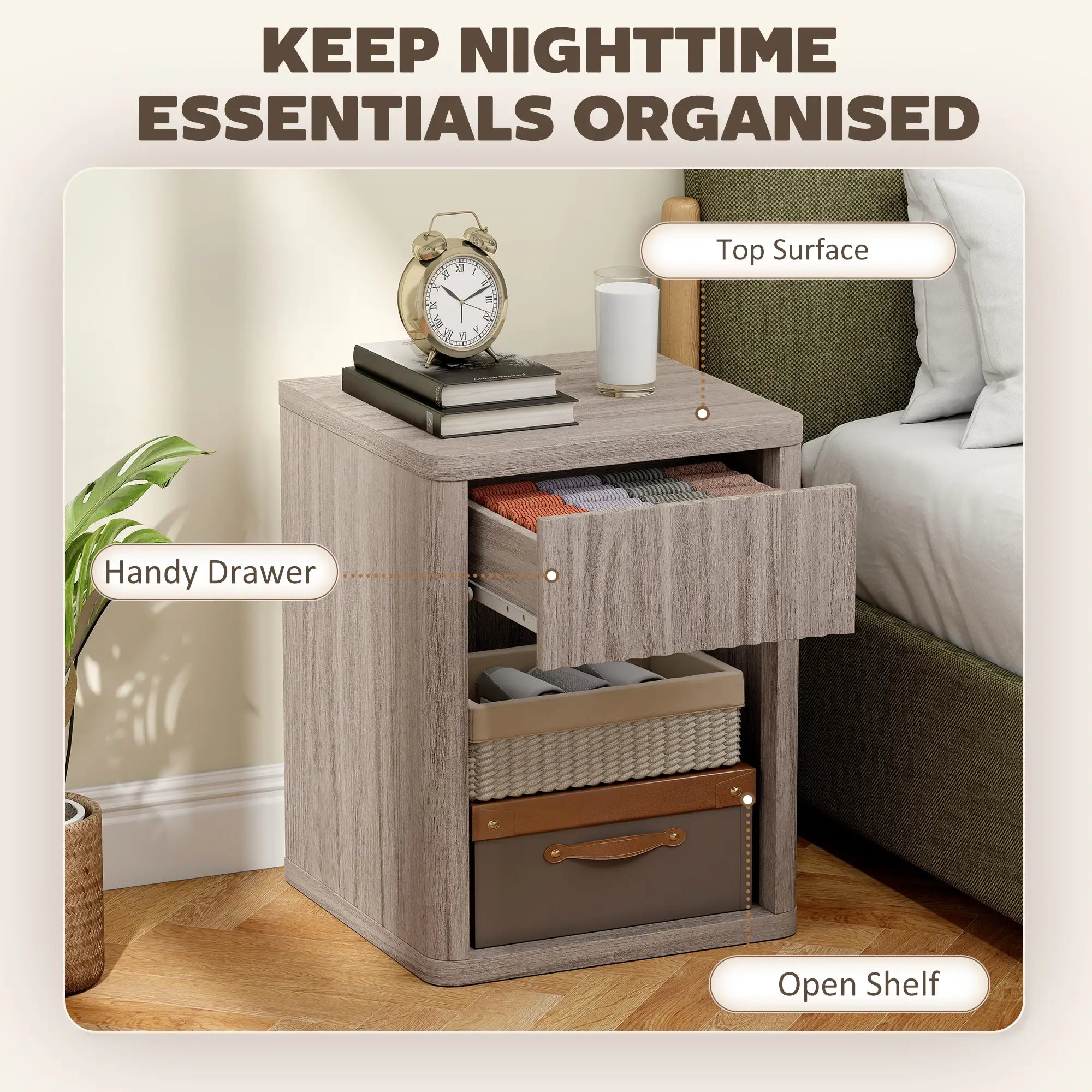 Modern Nightstand With Drawer, Open Shelf, Set Of 2, Grey Bedside Tables at Gallery Canada