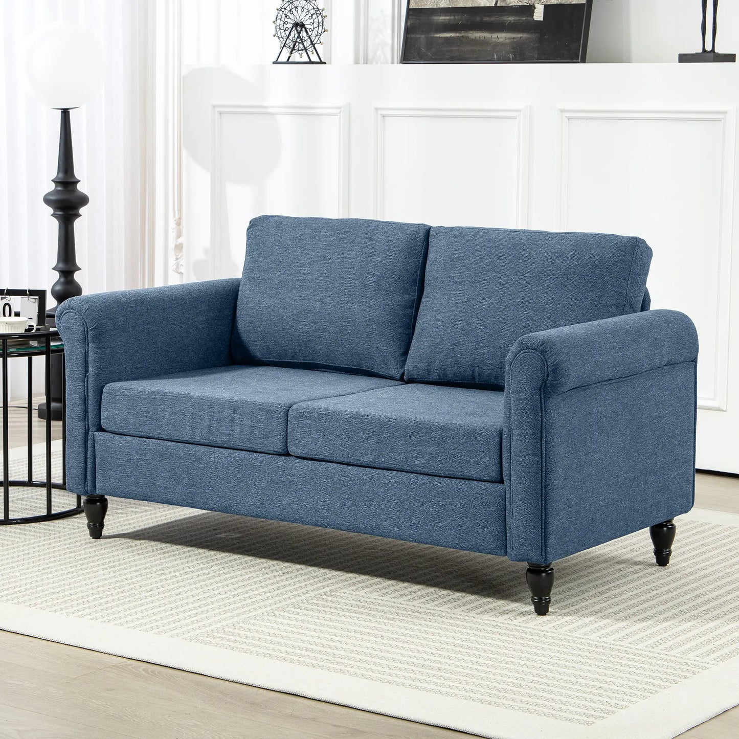 Vintage Loveseat, Fabric 2 Seater Sofa, Rolled Arms, Rubber Wood Legs, Dark Blue 2-Seater Sofas at Gallery Canada