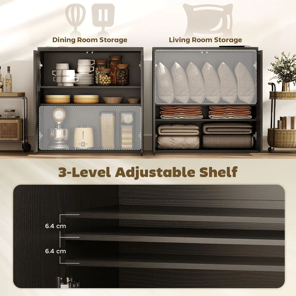 Sideboard Buffet Cabinet, 30.7", Distressed Black Grey Bar Cabinets at Gallery Canada