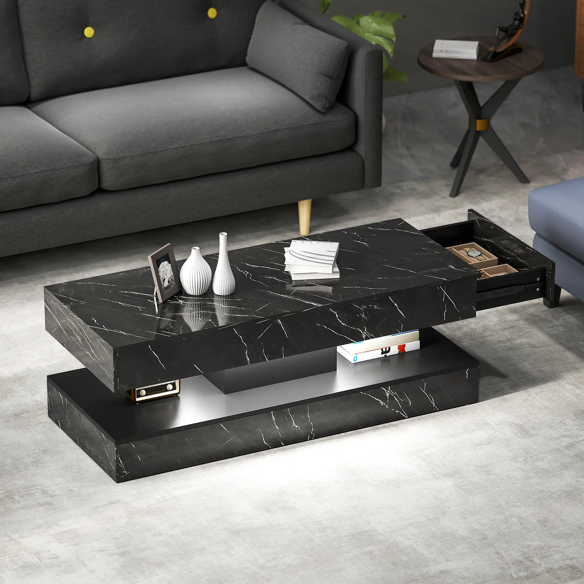 Adjustable LED Coffee Table, 2 Drawers, Open Shelf, Remote, High Gloss Black Coffee Tables at Gallery Canada