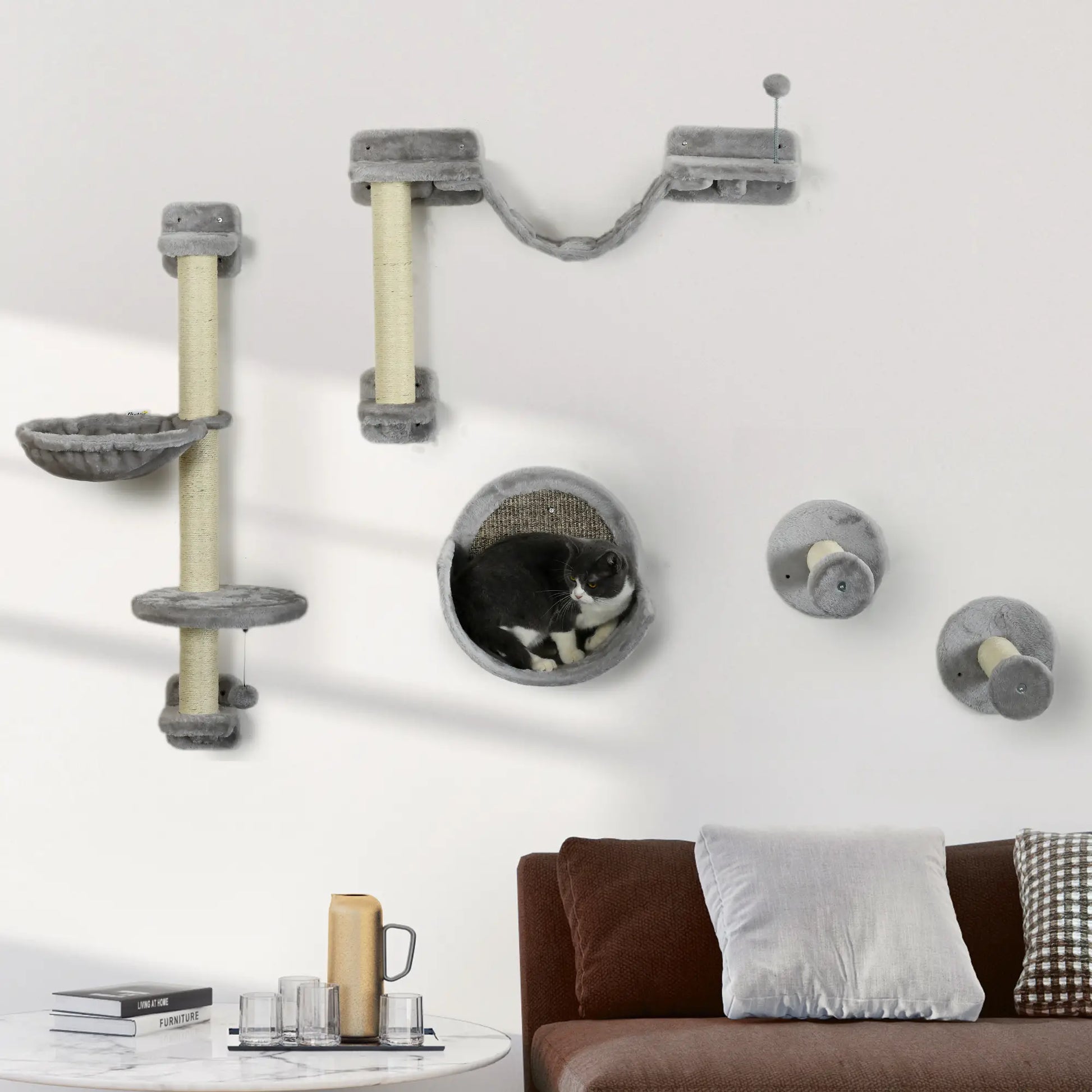 5PCs Cat Wall Shelves, Hammock, Scratching Posts, Perches, Ladder, Light Grey Cat Climbing Wall at Gallery Canada